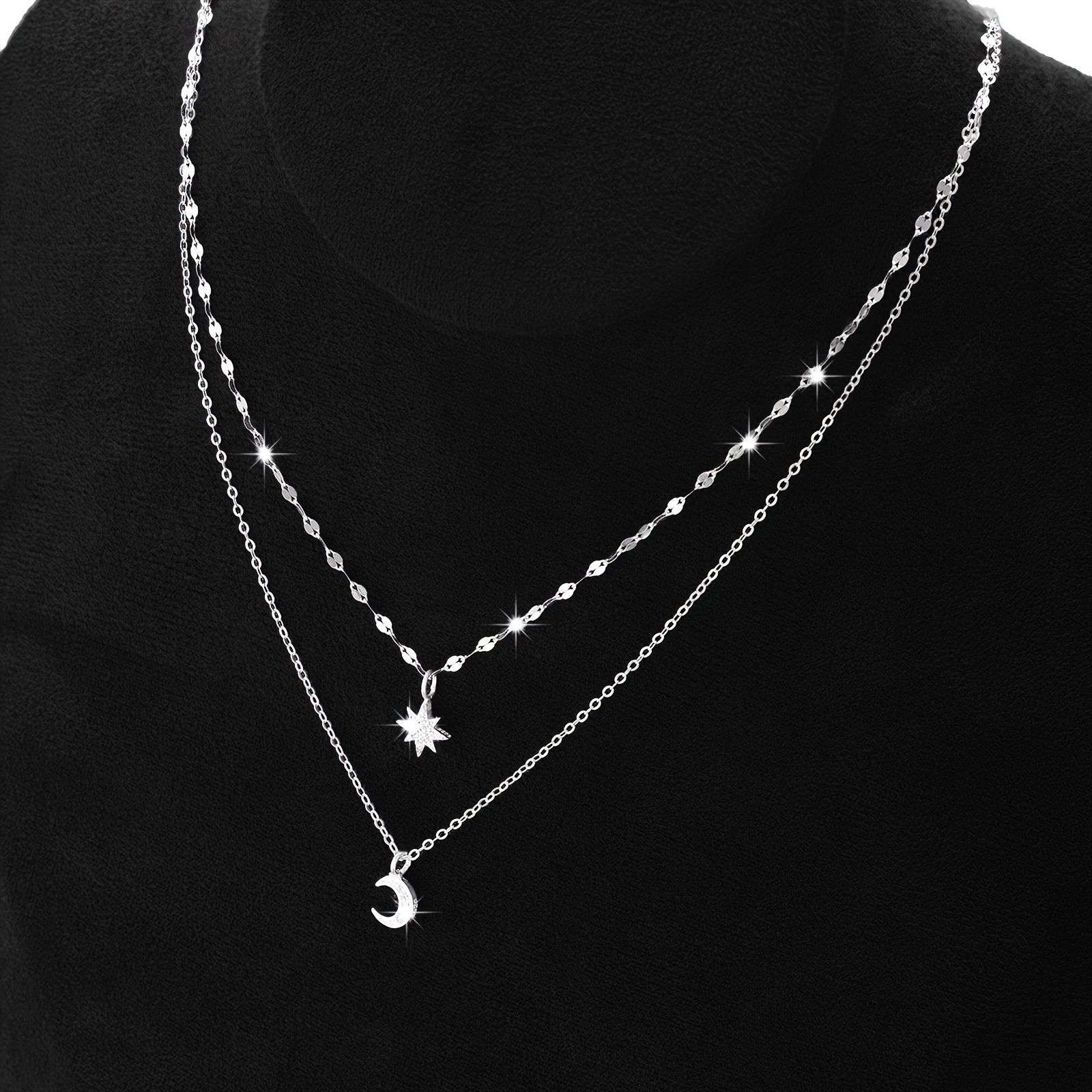 Rhinestones Inlaid Star and Moon Theme Layered Necklace, Gift for Teens